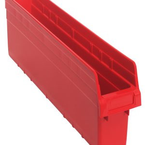 The Quantum Economy Shelf Bin is a red polypropylene, open-top storage bin measuring 23-5/8W x 4-1/8D x 4H. Featuring a recessed handle, molded-in label holder, slightly slanted front edge, and nesting design for compact storage, its perfect for organizing with seven divider slots and a rear hanglock. Made in USA.