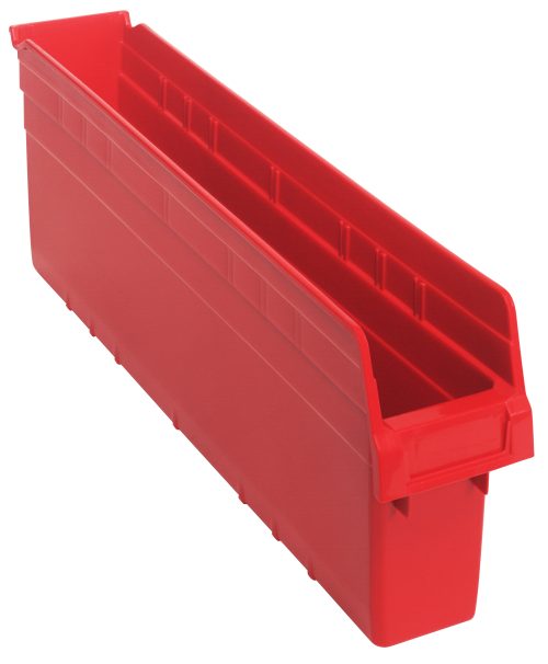 QSB806 The Quantum Economy Shelf Bin is a red polypropylene, open-top storage bin measuring 23-5/8W x 4-1/8D x 4H. Featuring a recessed handle, molded-in label holder, slightly slanted front edge, and nesting design for compact storage, its perfect for organizing with seven divider slots and a rear hanglock. Made in USA.