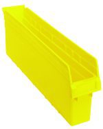 The Quantum Economy Shelf Bin, made of yellow polypropylene and measuring 23-5/8W x 4-1/8D x 4H, features a nesting design with reinforced edges. It has an open front, seven divider slots, a rear hanglock, and molded-in label holder—ideal for efficient storage in garages or warehouses.