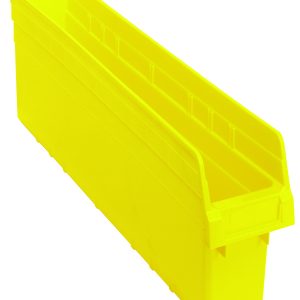 The Quantum Economy Shelf Bin, made of yellow polypropylene and measuring 23-5/8W x 4-1/8D x 4H, features a nesting design with reinforced edges. It has an open front, seven divider slots, a rear hanglock, and molded-in label holder—ideal for efficient storage in garages or warehouses.