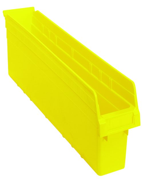 QSB806 The Quantum Economy Shelf Bin, made of yellow polypropylene and measuring 23-5/8W x 4-1/8D x 4H, features a nesting design with reinforced edges. It has an open front, seven divider slots, a rear hanglock, and molded-in label holder—ideal for efficient storage in garages or warehouses.