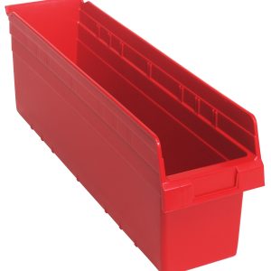 The Quantum Economy Shelf Bin is a red polypropylene, rectangular, open-top storage solution measuring 23-5/8W x 6-5/8D x 4H. It features slightly raised sides, a smooth surface, molded-in label holder for easy item identification, seven divider slots, and a rear hanglock. Made in the USA.