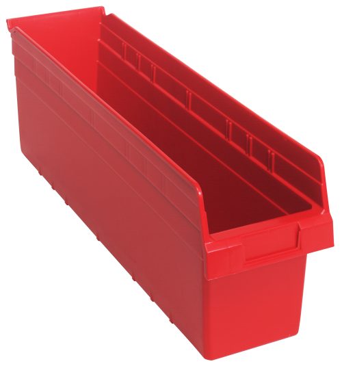 The Quantum Economy Shelf Bin is a red polypropylene, rectangular, open-top storage solution measuring 23-5/8W x 6-5/8D x 4H. It features slightly raised sides, a smooth surface, molded-in label holder for easy item identification, seven divider slots, and a rear hanglock. Made in the USA.