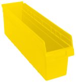 The Quantum Economy Shelf Bin, made from durable yellow polypropylene in the USA, measures 23-5/8W x 6-5/8D x 4H. It features a rear hanglock, molded-in label holder, and seven divider slots for efficient nesting and secure stacking.