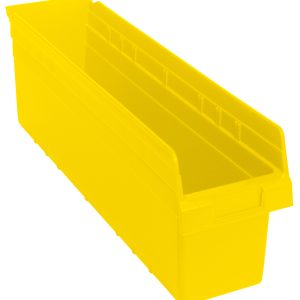 The Quantum Economy Shelf Bin, made from durable yellow polypropylene in the USA, measures 23-5/8W x 6-5/8D x 4H. It features a rear hanglock, molded-in label holder, and seven divider slots for efficient nesting and secure stacking.