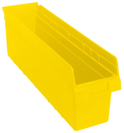 The Quantum Economy Shelf Bin, made from durable yellow polypropylene in the USA, measures 23-5/8W x 6-5/8D x 4H. It features a rear hanglock, molded-in label holder, and seven divider slots for efficient nesting and secure stacking.