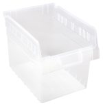 The Quantum Economy Shelf Bin is 11-5/8W x 8-3/8D x 4H, with high sides, a smooth transparent design, and a wide open front for easy access. Made from clear polypropylene in the USA, it features seven divider slots, a rear hanglock, and a molded-in label holder for easy organization.