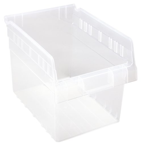 The Quantum Economy Shelf Bin is 11-5/8W x 8-3/8D x 4H, with high sides, a smooth transparent design, and a wide open front for easy access. Made from clear polypropylene in the USA, it features seven divider slots, a rear hanglock, and a molded-in label holder for easy organization.