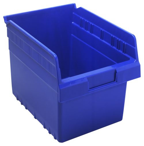 QSB807 blue The Quantum Economy Shelf Bin, made in USA from blue polypropylene, measures 11-5/8W x 8-3/8D x 4H. It features an open front, side handles, nesting grooves for stacking, a rear hanglock, molded-in label holder, and seven divider slots for efficient organization.