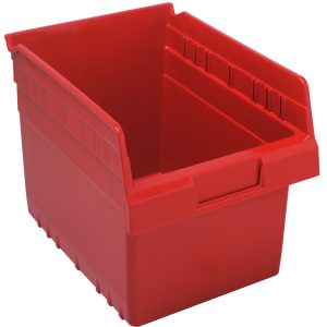 The Quantum Economy Shelf Bin, made in the USA with red polypropylene, features an open front for easy access, a rear hanglock, molded-in label holder, and reinforced edges. Measuring 11-5/8W x 8-3/8D x 4H with (7) divider slots, its perfect for stacking and nesting on a white background.