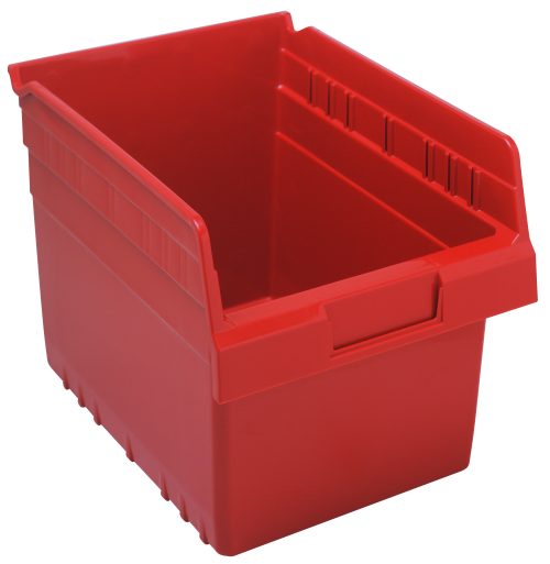 The Quantum Economy Shelf Bin, made in the USA with red polypropylene, features an open front for easy access, a rear hanglock, molded-in label holder, and reinforced edges. Measuring 11-5/8W x 8-3/8D x 4H with (7) divider slots, its perfect for stacking and nesting on a white background.
