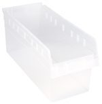 The Quantum Economy Shelf Bin is a clear polypropylene storage container ideal for organization. It features a wide open top, slightly raised edges, a molded-in label holder for easy content identification, and measures 17-7/8W x 8-3/8D x 4H.