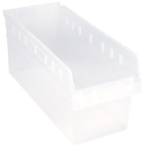 The Quantum Economy Shelf Bin is a clear polypropylene storage container ideal for organization. It features a wide open top, slightly raised edges, a molded-in label holder for easy content identification, and measures 17-7/8W x 8-3/8D x 4H.