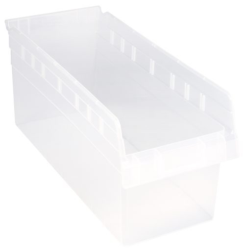 QSB808 clear Med The Quantum Economy Shelf Bin is a clear polypropylene storage container ideal for organization. It features a wide open top, slightly raised edges, a molded-in label holder for easy content identification, and measures 17-7/8W x 8-3/8D x 4H.