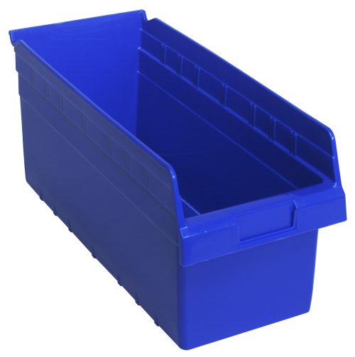 QSB808 blue The Quantum Economy Shelf Bin is a large, blue polypropylene storage unit with an open top, handle, sloped front for easy access, stackable design, and ridged sides for stability. Its 17-7/8W x 8-3/8D x 4H, features nesting capabilities, seven divider slots, a rear hanglock, and a molded-in label holder.