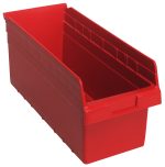 The Quantum Economy Shelf Bin in red polypropylene features an open front and rectangular shape, perfect for organizing tools, parts, or supplies. With (7) divider slots, a rear hanglock, and a molded-in label holder, it offers flexible and secure storage. Made in the USA.