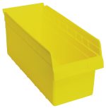 The Quantum Economy Shelf Bin, made of yellow polypropylene, measures 17-7/8W x 8-3/8D x 4H with an open top and sloped front for easy access. It includes ribbed sides, a molded-in label holder, seven divider slots, and a rear hanglock. Made in the USA.
