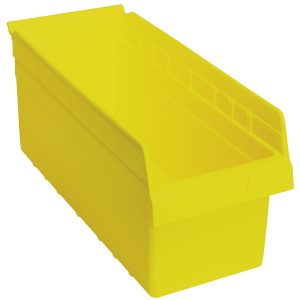 The Quantum Economy Shelf Bin, made of yellow polypropylene, measures 17-7/8W x 8-3/8D x 4H with an open top and sloped front for easy access. It includes ribbed sides, a molded-in label holder, seven divider slots, and a rear hanglock. Made in the USA.
