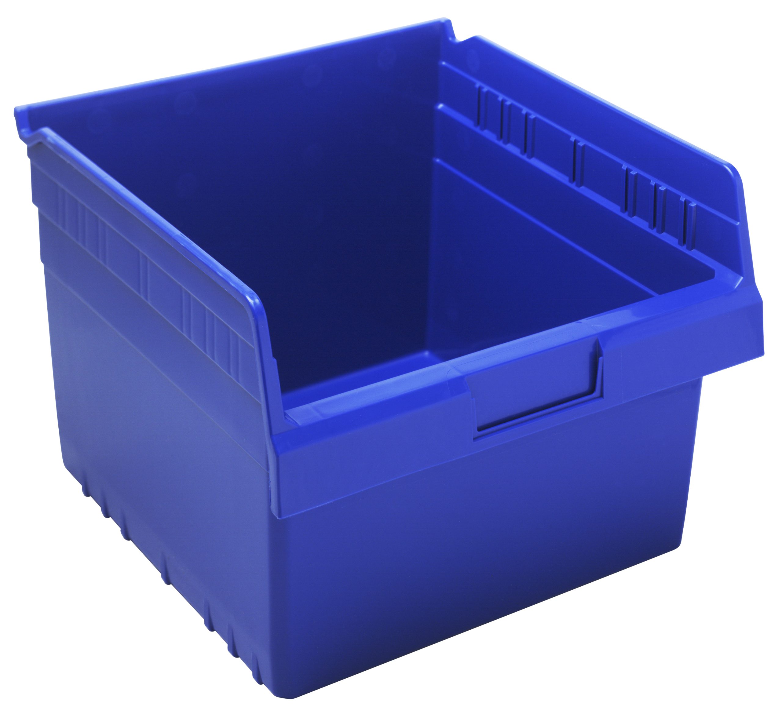 Economy Shelf Bin, Nesting, 11-5/8"W X 11-1/8"D X 4"H, (7) Divider Slots, Rear Hanglock, Molded-In Label Holder, Blue Polyropylene, Made In USA