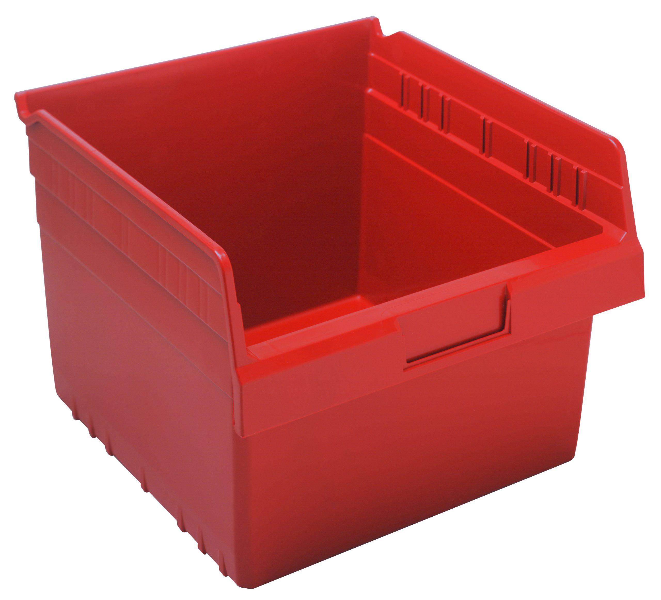 Economy Shelf Bin, Nesting, 11-5/8"W X 11-1/8"D X 4"H, (7) Divider Slots, Rear Hanglock, Molded-In Label Holder, Red Polyropylene, Made In USA