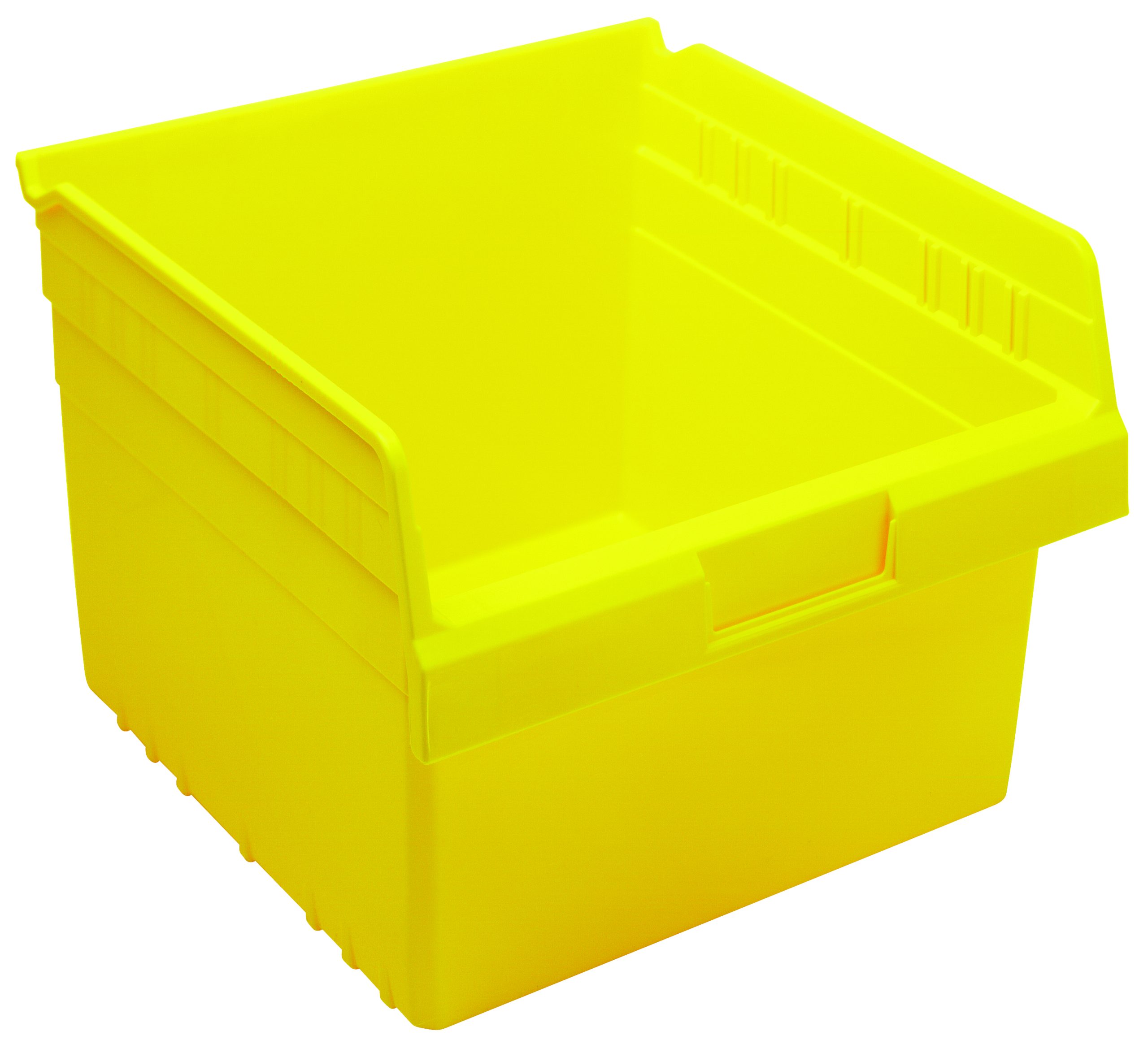 Economy Shelf Bin, Nesting, 11-5/8"W X 11-1/8"D X 4"H, (7) Divider Slots, Rear Hanglock, Molded-In Label Holder, Yellow Polyropylene, Made In USA