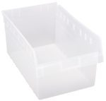 A Quantum Economy Shelf Bin, transparent and rectangular with dimensions 17-7/8W x 11-1/8D x 4H, is ready to organize items in its seven divider slots or be secured using the rear hanglock system. Made in the USA from clear polypropylene, it includes a molded-in label holder.