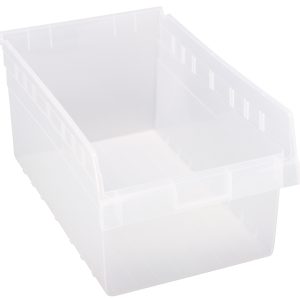 A Quantum Economy Shelf Bin, transparent and rectangular with dimensions 17-7/8W x 11-1/8D x 4H, is ready to organize items in its seven divider slots or be secured using the rear hanglock system. Made in the USA from clear polypropylene, it includes a molded-in label holder.
