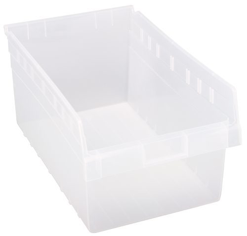 A Quantum Economy Shelf Bin, transparent and rectangular with dimensions 17-7/8W x 11-1/8D x 4H, is ready to organize items in its seven divider slots or be secured using the rear hanglock system. Made in the USA from clear polypropylene, it includes a molded-in label holder.