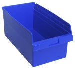 The Quantum Economy Shelf Bin is a blue polypropylene storage container, measuring 17-7/8W x 11-1/8D x 4H. It features a rear hanglock and molded-in label holder, with ridged sides and solid base for easy access and organization. It nests to optimize space and has seven divider slots for item sorting. Made in the USA.