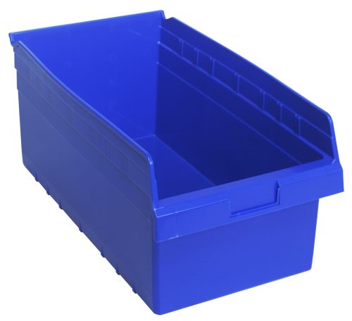 QSB810 blue The Quantum Economy Shelf Bin is a blue polypropylene storage container, measuring 17-7/8W x 11-1/8D x 4H. It features a rear hanglock and molded-in label holder, with ridged sides and solid base for easy access and organization. It nests to optimize space and has seven divider slots for item sorting. Made in the USA.
