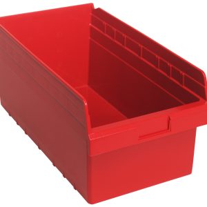 The Quantum Economy Shelf Bin is a red polypropylene bin, measuring 17-7/8W x 11-1/8D x 4H, with an open front design for easy access. It features seven divider slots, a rear hanglock, ridged edges for secure stacking, and a molded-in label holder. Made in the USA.