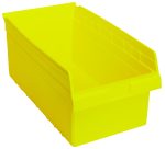The Quantum Economy Shelf Bin, 17-7/8W x 11-1/8D x 4H in yellow polypropylene, has a slanted open front and comes with 7 divider slots, providing easy access and organization. It features ridged sides for support, a smooth base, a rear hanglock, and a molded-in label holder. Made in the USA.