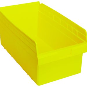 The Quantum Economy Shelf Bin, 17-7/8W x 11-1/8D x 4H in yellow polypropylene, has a slanted open front and comes with 7 divider slots, providing easy access and organization. It features ridged sides for support, a smooth base, a rear hanglock, and a molded-in label holder. Made in the USA.