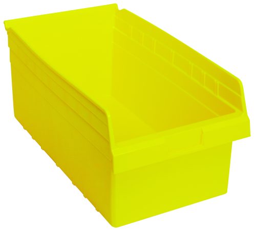 The Quantum Economy Shelf Bin, 17-7/8W x 11-1/8D x 4H in yellow polypropylene, has a slanted open front and comes with 7 divider slots, providing easy access and organization. It features ridged sides for support, a smooth base, a rear hanglock, and a molded-in label holder. Made in the USA.