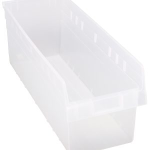 The Quantum Economy Shelf Bin in clear polypropylene has dimensions of 23-5/8W x 8-3/8D x 4H. Featuring nesting capabilities, (7) divider slots, rear hanglock, and a molded-in label holder, this USA-made bin is shown empty against a plain white background.