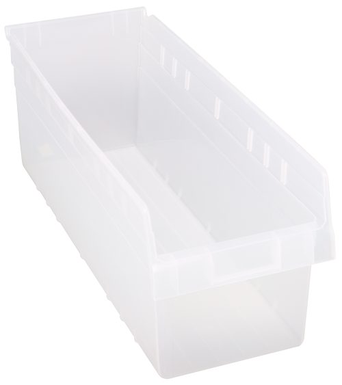 QSB 814 Cl The Quantum Economy Shelf Bin in clear polypropylene has dimensions of 23-5/8W x 8-3/8D x 4H. Featuring nesting capabilities, (7) divider slots, rear hanglock, and a molded-in label holder, this USA-made bin is shown empty against a plain white background.