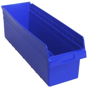 The Quantum Economy Shelf Bin is a large blue plastic bin, measuring 23-5/8W x 8-3/8D x 4H, with a sloped open top, seven divider slots, slightly rounded edges, a handle area for access, and features like a rear hanglock and molded-in label holder. Made in the USA from blue polypropylene.