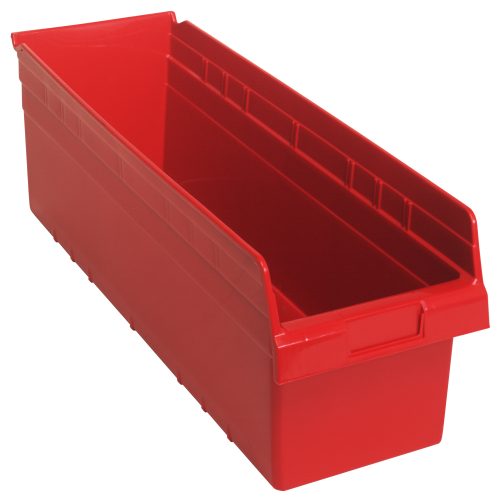 A large, red, rectangular Quantum Economy Shelf Bin (23-5/8W x 8-3/8D x 4H) features grooved sides, a molded-in label holder for easy organization, and rear hanglock. Made in the USA from polypropylene with (7) divider slots.