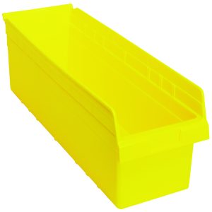 The Quantum Economy Shelf Bin, made in the USA from yellow polypropylene, measures 23-5/8W x 8-3/8D x 4H. It features a rectangular shape with ribbed sides for strength, an angled front for easy content access, and a molded-in label holder to organize items.