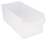 The Quantum Economy Shelf Bin, sized 23-5/8W x 11-1/8D x 4H, features 7 divider slots, a rear hanglock, and a molded-in label holder. Made of clear polypropylene in the USA, this bin is perfect for efficient storage solutions.