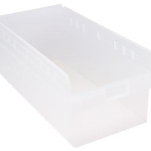 The Quantum Economy Shelf Bin, sized 23-5/8W x 11-1/8D x 4H, features 7 divider slots, a rear hanglock, and a molded-in label holder. Made of clear polypropylene in the USA, this bin is perfect for efficient storage solutions.