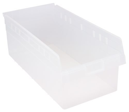 QUS240 Cl wi Tags sidebysid The Quantum Economy Shelf Bin, sized 23-5/8W x 11-1/8D x 4H, features 7 divider slots, a rear hanglock, and a molded-in label holder. Made of clear polypropylene in the USA, this bin is perfect for efficient storage solutions.