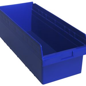The Quantum Economy Shelf Bin, measuring 23-5/8W x 11-1/8D x 4H, is a blue polypropylene storage solution with smooth sides, open top, solid bottom, rear hanglock and features (7) divider slots and a molded-in label holder for versatile organization. Made in the USA.