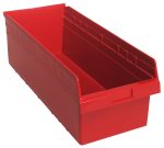 The Quantum Economy Shelf Bin, made in the USA from red polypropylene, measures 23-5/8W x 11-1/8D x 4H. It has an open top with slightly tapered sides, a molded-in label holder, and features a rear hanglock and seven divider slots for handy organization.