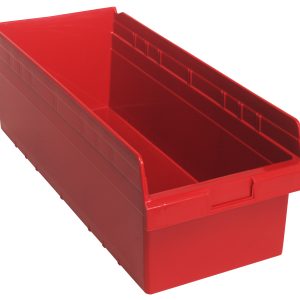 The Quantum Economy Shelf Bin, made in the USA from red polypropylene, measures 23-5/8W x 11-1/8D x 4H. It has an open top with slightly tapered sides, a molded-in label holder, and features a rear hanglock and seven divider slots for handy organization.