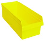 The Quantum Economy Shelf Bin is a bright yellow polypropylene bin, 23-5/8W x 11-1/8D x 4H, with seven divider slots and slightly slanted sides. It features a sturdy design, open top, molded-in label holder, and rear hanglock for secure nesting or stacking, made in the USA.