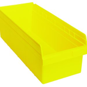 The Quantum Economy Shelf Bin is a bright yellow polypropylene bin, 23-5/8W x 11-1/8D x 4H, with seven divider slots and slightly slanted sides. It features a sturdy design, open top, molded-in label holder, and rear hanglock for secure nesting or stacking, made in the USA.