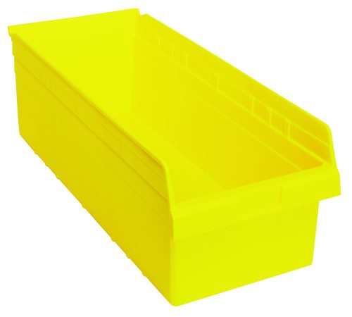 QSB816 yellow The Quantum Economy Shelf Bin is a bright yellow polypropylene bin, 23-5/8W x 11-1/8D x 4H, with seven divider slots and slightly slanted sides. It features a sturdy design, open top, molded-in label holder, and rear hanglock for secure nesting or stacking, made in the USA.