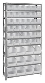 The Quantum Shelving Unit is a heavy-duty storage rack measuring 12D x 36L x 75H, with a 400 lb. load capacity per shelf. It features ten shelves, (36) QUS230 and (12) QUS240 clear open-front bins for easy access, and includes uprights, cross bars, and side supports for stability.