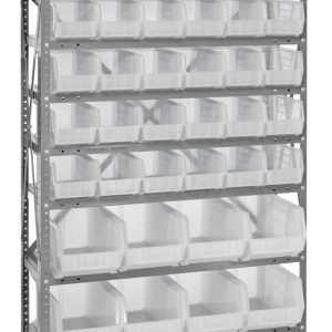 The Quantum Shelving Unit is a heavy-duty storage rack measuring 12D x 36L x 75H, with a 400 lb. load capacity per shelf. It features ten shelves, (36) QUS230 and (12) QUS240 clear open-front bins for easy access, and includes uprights, cross bars, and side supports for stability.